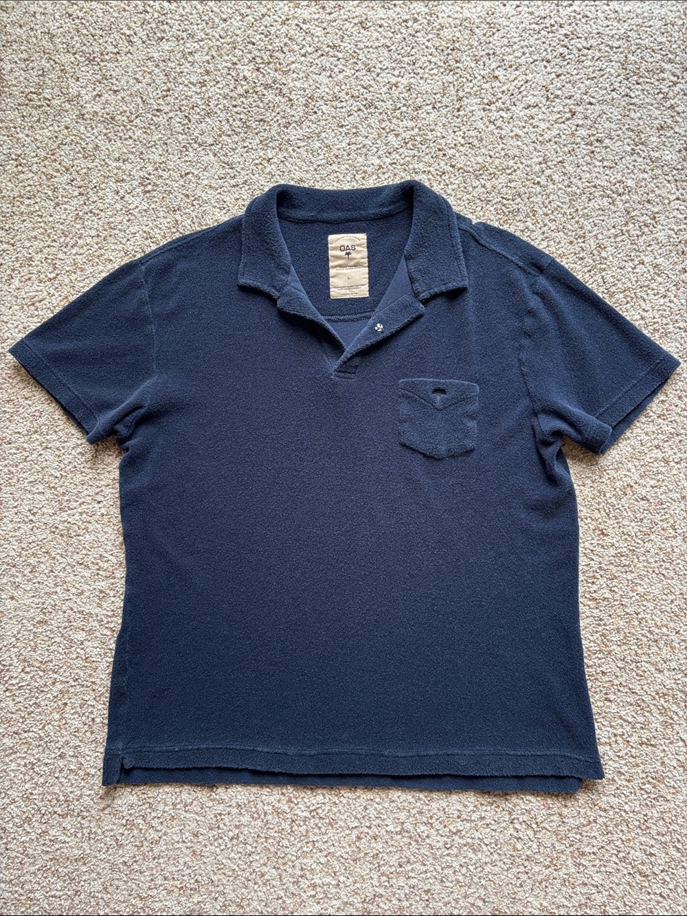 OAS Men’s Navy Blue Terry Cloth Cotton S/S Polo Shirt L Swim Beach Resortwear